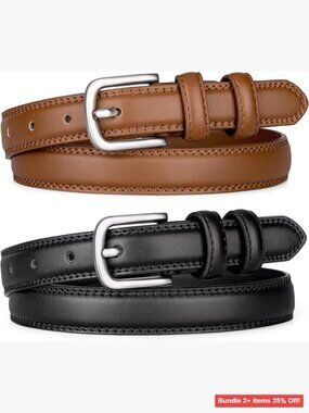 2 Pack Faux Leather Belts Silver Buckle Adjustable Women's Dress Belts